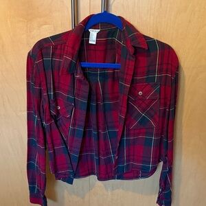 Forever 21 Red and Black Plaid Cropped Shirt